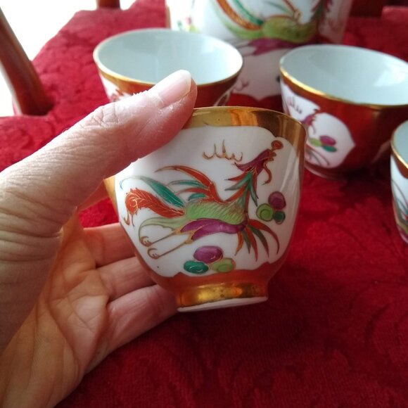 Vintage Chinese porcelain tea pot cups set dragon phoenix double happiness - Picture 3 of 13